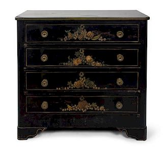 An American Black and Gilt Decorated Chest of Four Drawers Height 37 1/2 x width 39 x depth 18 1/2 inches.