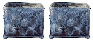 A Pair of Lead Square Jardinieres Height 17 x width 22 x depth 22 inches.