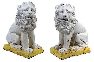 A Pair of Glazed Terracotta Seated Garden Lions Height 33 x width 21 x depth 13 inches.