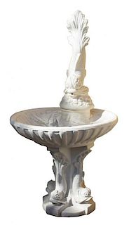 A Dolphin Carved Cast Stone Fountain Height 59 x diameter 32 inches.