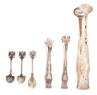 An Assembled Group of Silver Tongs and Condiment Spoons, ,