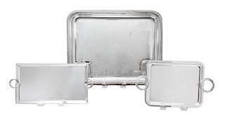 Three French Silver Plate Trays, Christofle, France, two having ring handles and one with ribbed border.