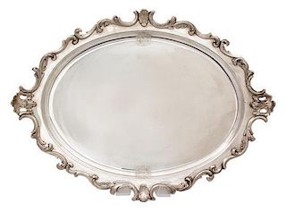 An English Silver Plate Handled Serving Tray Width 31 3/4 x depth 20 inches.