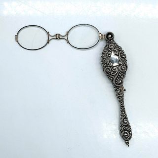 Lorgnette Opera Glasses in Ornate Silver Repousse Case