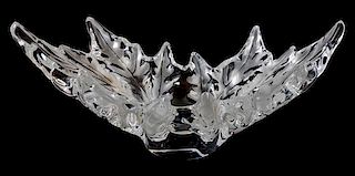 A Lalique Molded and Frosted Glass Bowl Height 7 1/2 x width 17 1/2 inches.