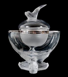 A Lalique Molded and Frosted Glass Caviar Bowl Height overall 10 inches.