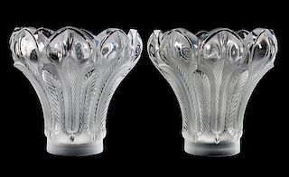 A Pair of Lalique Molded and Frosted Glass Vases Height 8 3/4 inches.