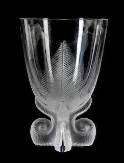 A Lalique Molded and Frosted Glass Vase Height 7 1/2 inches.
