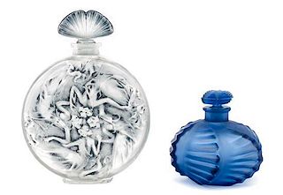 Two Rene Lalique Molded and Frosted Glass Perfume Bottles Height of taller 4 1/2 inches.
