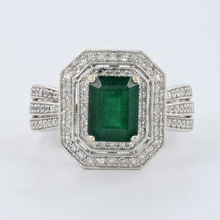 Designer Effy 14K White Gold Emerald Diamond Ring