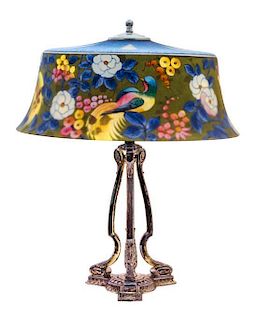 A Hand-Painted Glass Shade Table Lamp Height 22 x diameter 17 1/4 inches.