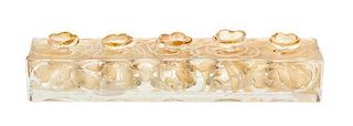 A Les Fleures D'Orsay Molded and Frosted Glass Perfume Sampler Height 1 1/2 x width 9 x depth 2 inches.
