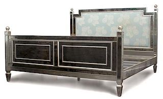 A Three-Piece Venetian Style Etched and Inset Bedroom Set Height of headboard 57 x width 82 inches.