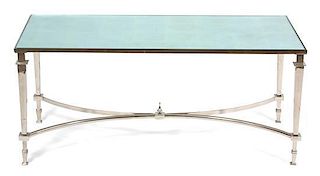 A Neoclassical Style Silvered Metal Coffee Table Height 19 x width 43 1/2 x depth 19 1/2 inches.