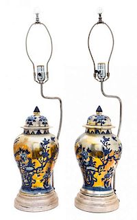 A Pair of Blue and White Covered Jars Height 30 1/2 inches.
