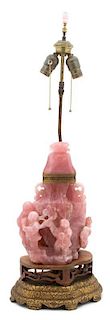 A Chinese Carved Rose Quartz Figural Urn Mounted As Lamp Height (overall) 32 inches.