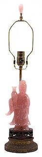 A Chinese Carved Rose Quartz Figure of Guanyin Height overall 44 1/4 inches.
