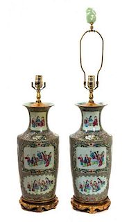 A Pair of Chinese Export Famille Rose Porcelain Vases Height of vase 17 1/4 inches.