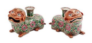 A Pair of Chinese Export Famille Rose Porcelain Candlesticks Length 7 inches.