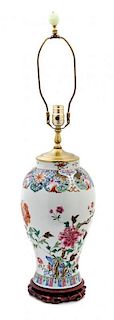 A Chinese Export Painted Porcelain Lamp Height of vase 14 inches.