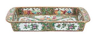 A Chinese Export Porcelain Rose Medallion Rectangular Deep Dish Height 13 1/2 x width 7 x depth 7 inches.