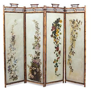A Chinese Bamboo and Hand Painted Leather Four Panel Screen Each panel: height 77 1/2 x width 24 inches.