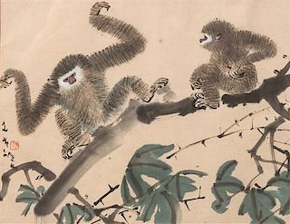 Artists Unknown, (Japanese, 19th/20th century), Two works: Monkeys on a Branch and Flowering Cherry Tree Branch