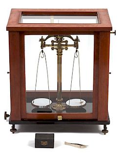 An English Jewelry Balance Scale Case height 16 1/2 x width 14 1/2 x depth 10 inches.