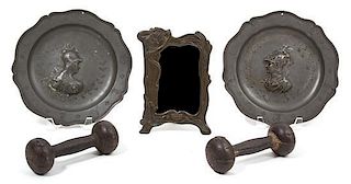 A Group of Five Metal Articles Diameter of plate 9 1/2 inches.