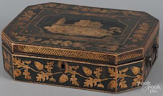 Painted dresser box, ca. 1830, the lid with a central building within a rose border