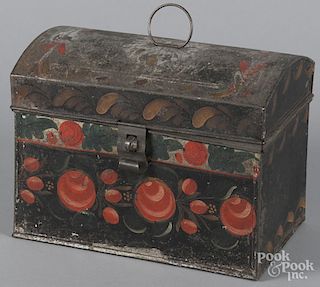 Toleware dome lid box, 19th c., retaining its original polychrome surface, 7 1/2'' h., 9 3/4'' w.