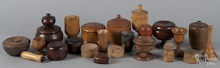 Woodenware, to include treen canisters, an egg cup, etc.
