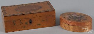 Two painted maple dresser boxes, 19th c., 2 1/2'' h., 7 1/2'' w. and 1 1/2'' h., 5'' w.