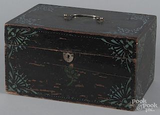 Painted pine lock box, 19th c., retaining an old black surface with turquoise stencils, 7 1/2'' h.