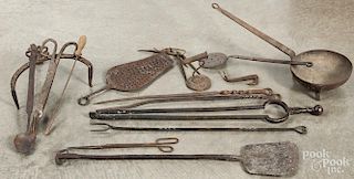 Wrought iron, to include a peel, fire tongs, skewers, etc.