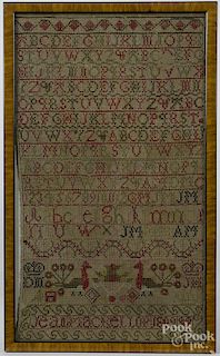 Silk on linen sampler, dated 1809, wrought by Jean Mackellop, 17'' x 9 3/4''.