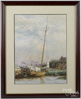 Watercolor river scene, late 19th c., with a sailboat and cottage, 17 1/2'' x 13''.