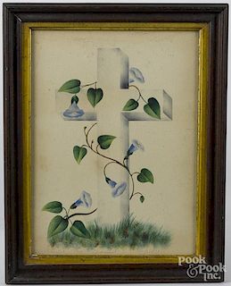 Watercolor of an ivy wrapped cross, 11 1/2'' x 8 1/2'', together with a cut paper cross