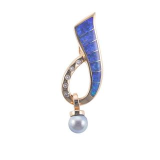 14k Gold Diamond Pearl Opal Slide Pendant