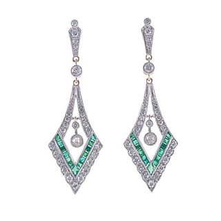 14k Two Tone Gold Diamond Emerald Drop Earrings