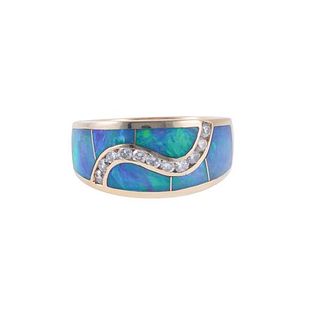 Opal Mosaic Inlay Diamond 14k Gold Ring