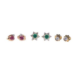 Diamond Emerald Ruby Gold Stud Earrings 3 Pair Lot