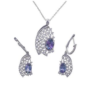 Kallati White Gold Diamond Iolite Earrings Pendant Necklace Set
