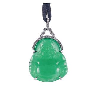 Sterling Silver Diamond Carved Jade Pendant on Silk Cord Necklace