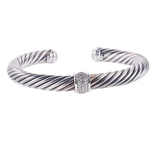 David Yurman Silver Gold Diamond Classic Cable Cuff Bracelet
