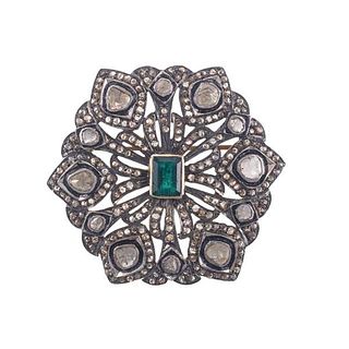 Silver Rose Cut Diamond Emerald Brooch Pendant