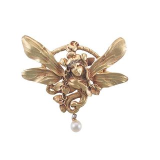 Art Nouveau 18k Gold Diamond Pearl Brooch Pendant