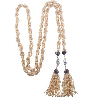 18k Gold Silver Seed Pearl Ruby Tassel Necklace 
