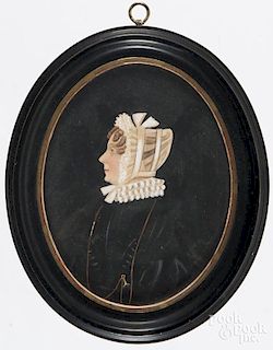 Miniature watercolor and gouache profile portrait of a woman, identified verso as Emma A. Grason