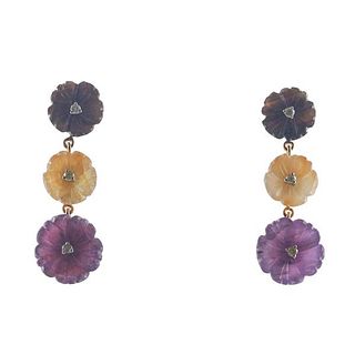 25.26ctw Natural Carved Sapphire Diamond Flower Drop Earrings